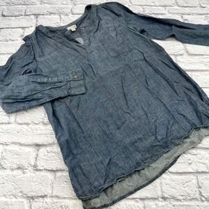 J.Jill Denim Shirt Womens Small Blue Chambray Popover Long Sleeve Tencel Linen